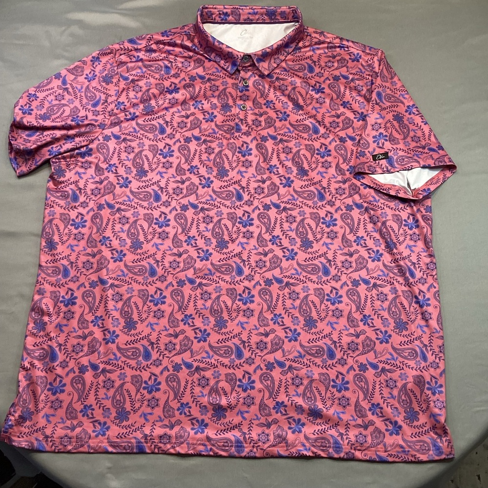 OBLA Men’s 3XL Performance Golf Polo Shirt Pink Blue Floral Paisley Resort MINT